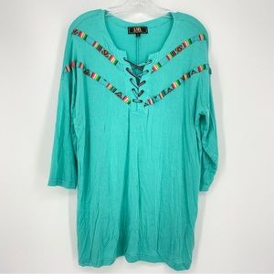 Lucky & Blessed 3/4 Length Sleeve Aztec Trim Turquoise Tunic Lace Up Neck Size L